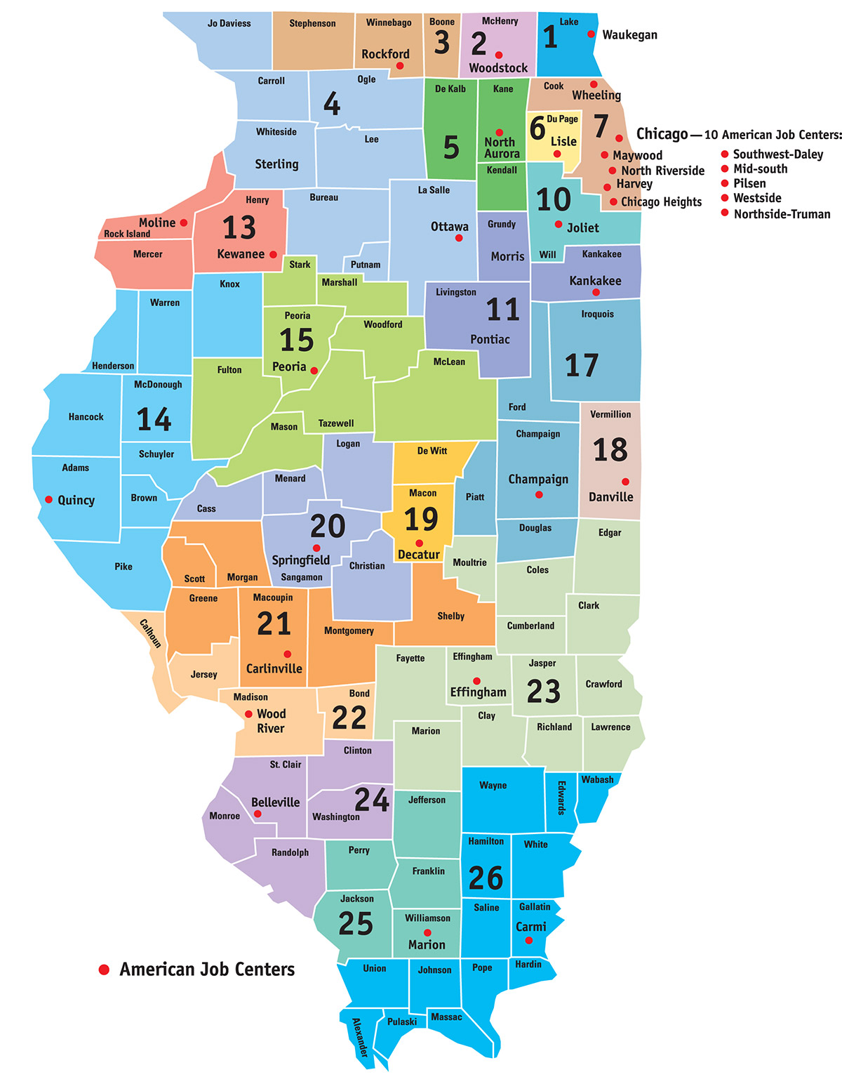 Map of Illinois and where all the American Job Services centers are located.